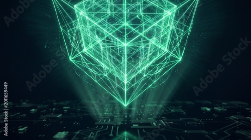 Holographic Wireframe Quantum Data Core In Cyberspace