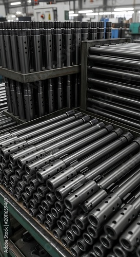 Black Metal Cylindrical Parts Arranged on Factory Production Line