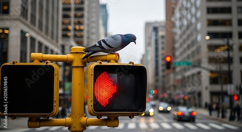 Gray Pigeon Perched on Yellow Pedestrian Signal at Busy City Intersection