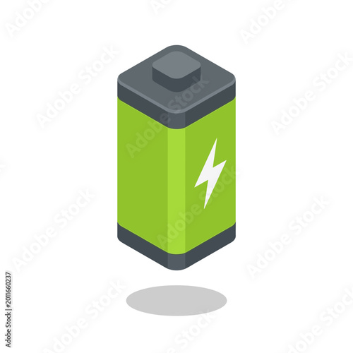 Isometric 3D Battery Icon with Lightning Bolt, Energy Concept
