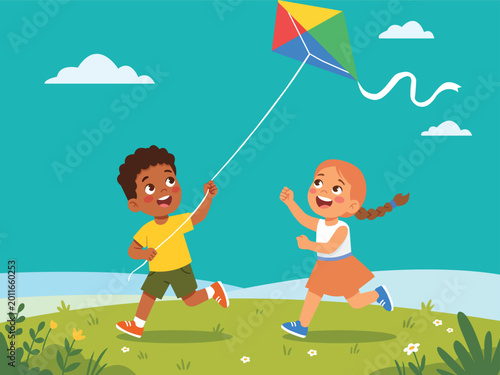 Happy Friendship Day Kids Playing with Kite Outdoor Flat Vector Illustration