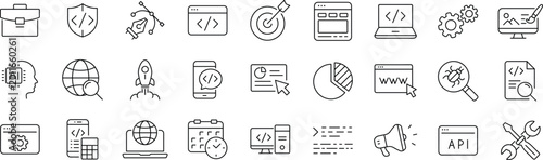 Web development set of web icons. Editable stroke. Developer icons for web and mobile app. Code, api, programmer coding, app, flow, node connect, web coder, bug fix and more. 