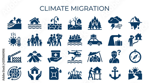 Foto Climate Migration Icons Representing Global Environmental Challenges and Human D