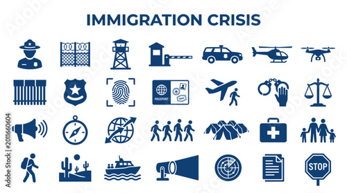 Foto Immigration crisis concept with icons representing border control security law e
