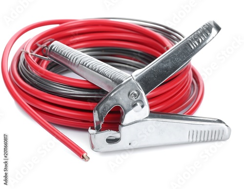 Red and Black Jumper Cable Clamp Coiled on White Background
