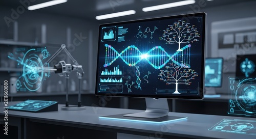 A futuristic laboratory setting showing a glowing digital DNA sequence connected to a complex family tree chart on a sleek computer monitor, connection, cold, genealogy