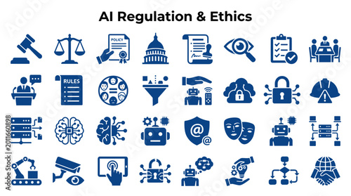 Photos AI Regulation and Ethics Icons representing legal frameworks, policy, and ethica
