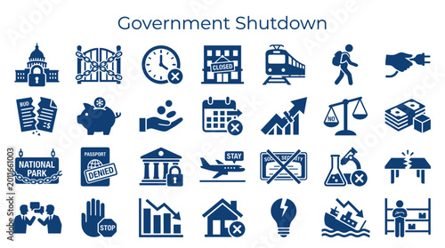 Bild auf Leinwand Government Shutdown Icons Representing Economic and Social Impact of Public Serv