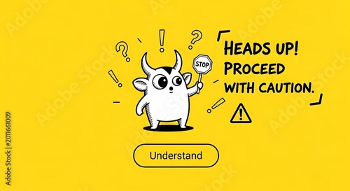 Cute Cartoon Monster Holding Stop Sign on Bright Yellow Caution Screen