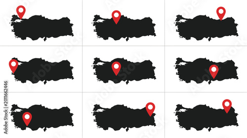 Verschiedene Silhouetten und Umrisse der Landkarte der Türkei in Schwarz und Weiß.