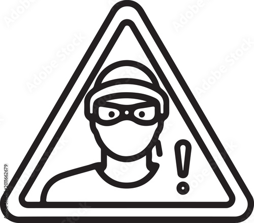Warning, masked thief, burglar alert, crime caution, safety sign, vector icon