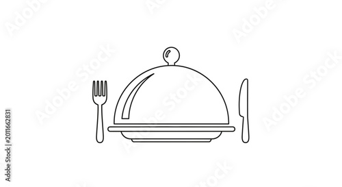 Restaurant Meal Icon: Cloche Covered Dish, Fork, Knife, Plate - Simple Line Art