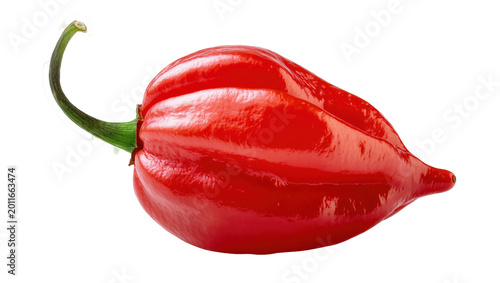 Konstfotografi Shiny red habanero pepper with green stem, isolated on transparent background