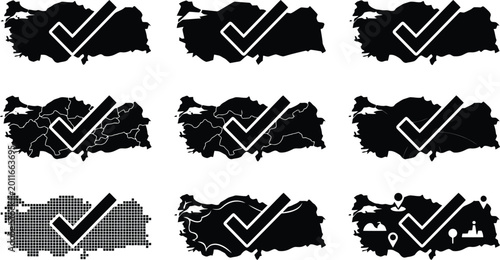 Verschiedene Silhouetten und Umrisse der Landkarte der Türkei in Schwarz und Weiß.