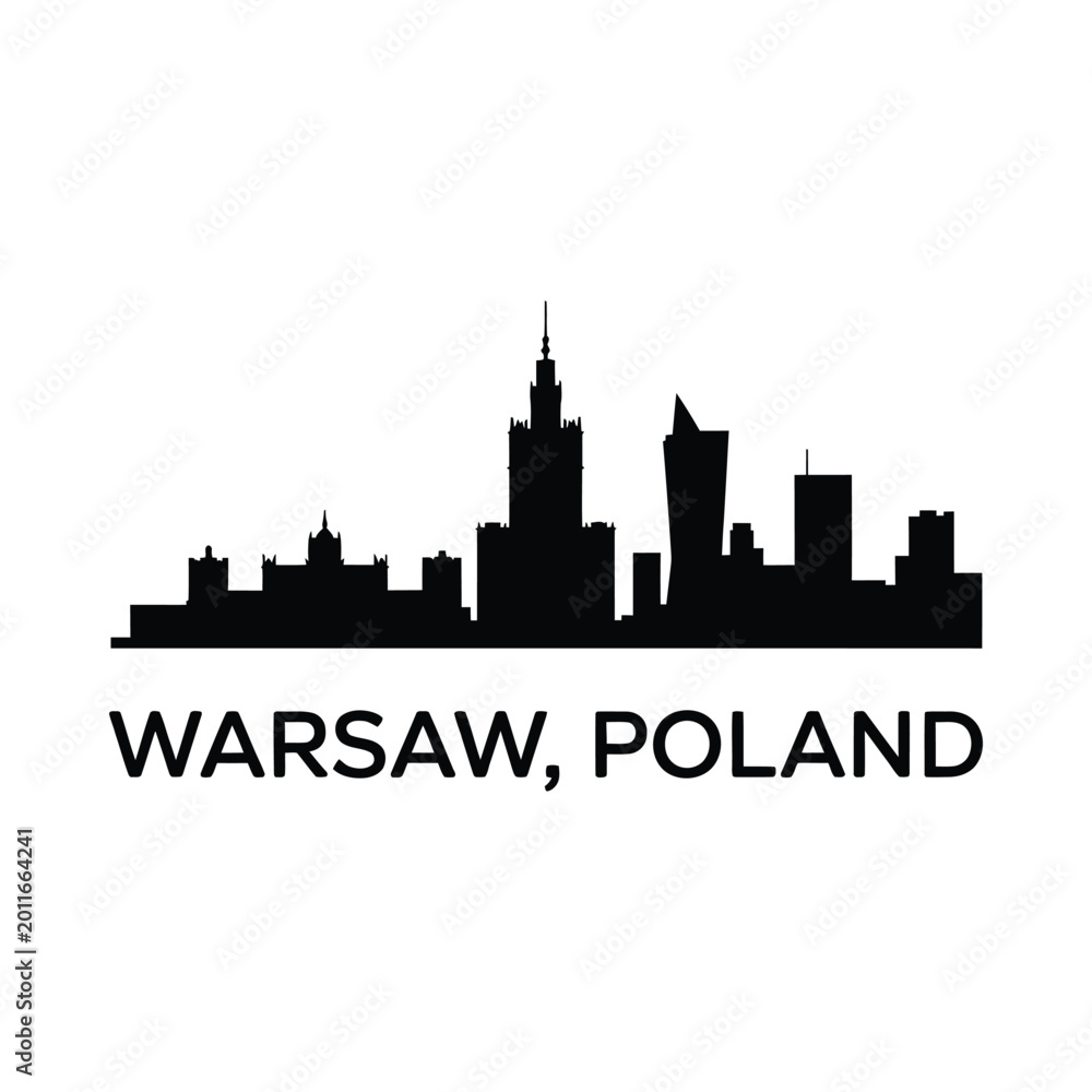 Obraz premium Warsaw skyline silhouette with city name Poland