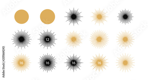 Black and Gold Vintage Sunburst and Starburst Radial Line Circle Design Element Collection Set for Retro and Luxury Graphic Design