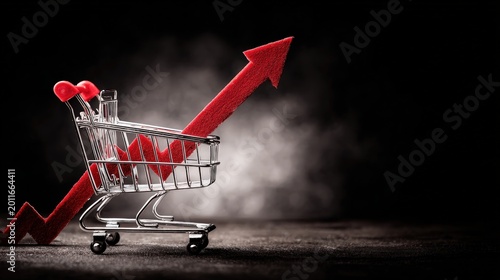 Shopping cart displays a rising red arrow indicating increased consumer spending and inflation.