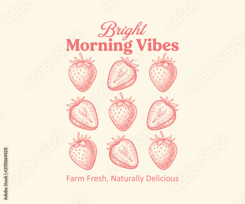 Fényképezés Vintage Bright Morning Vibes Strawberry Botanical Illustration - Retro Farmers M
