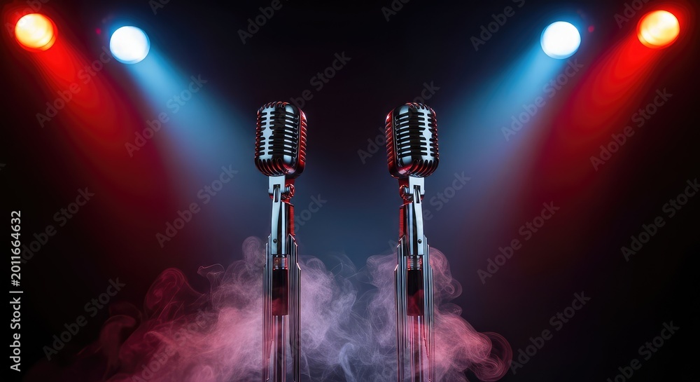 Obraz premium Vintage chrome microphone stands glow under dramatic red and blue lighting on a dark smoky stage, evoking a nostalgic concert atmosphere, melody, artistic, sing