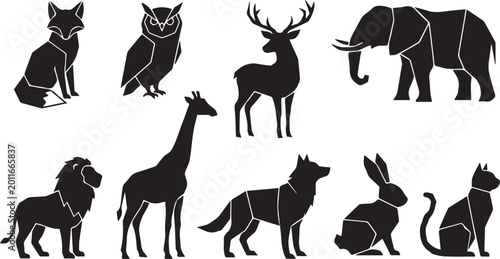 Photography Set of black silhouettes of diverse wild animals with geometric style design isolated on white background for collection of modern logo and icon elements