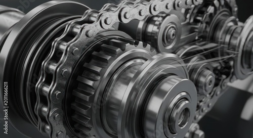 Close-up of a complex industrial machine with gears and chains in motion.