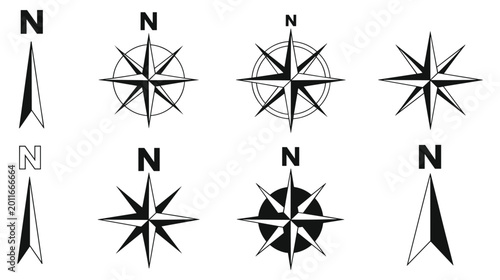 Fotografía Compass Rose Collection, Set of eight black and white north arrow and compass ro