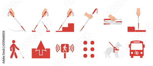 Schilderij op canvas Blind white cane navigation icons, accessible guide dog and braille symbols for