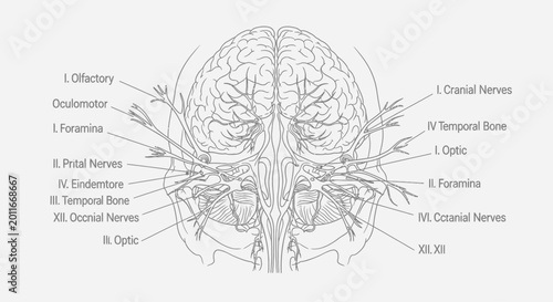 Anatomical Diagram of Human Brain and Cranial Nerves