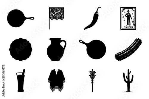 Traditional mexican kitchenware and decorative elements silhouette collection.