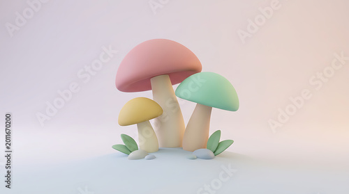 Cute pastel mushrooms with colorful sprinkles. Whimsical fantasy fungi on a soft background, playful art.