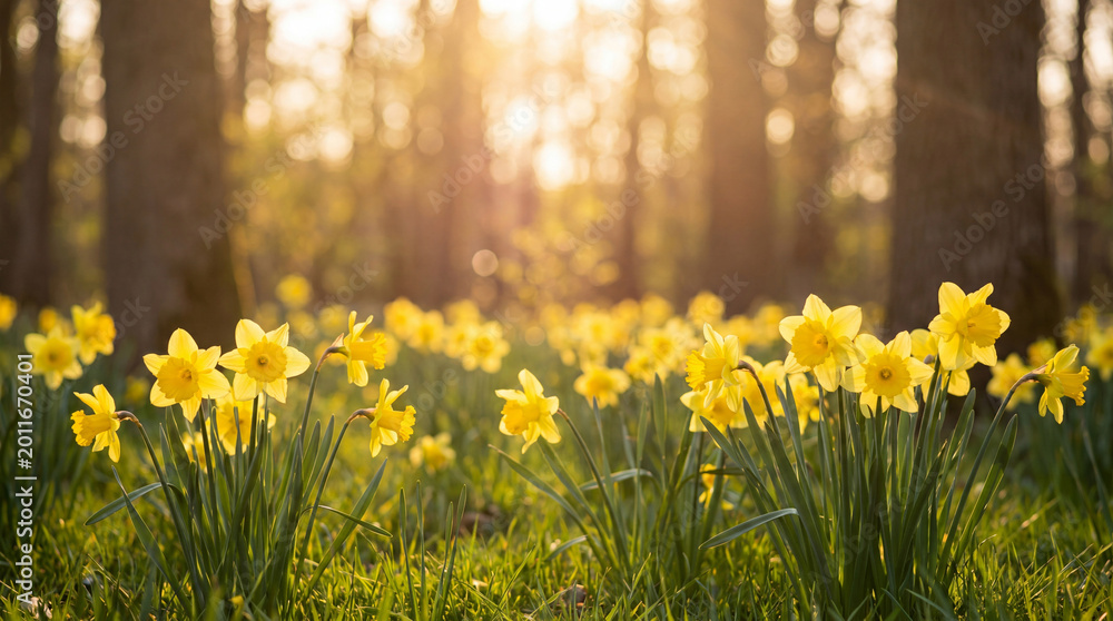 Obraz premium Yellow daffodil flowers blooming in forest during warm golden spring sunrise