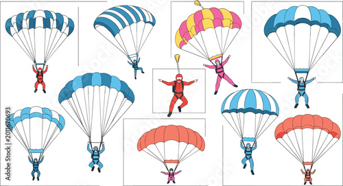 Tableau sur toile Colorful Skydiving and Parachute Collection Set with Various Skydivers Gliding i