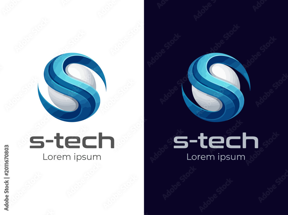 Naklejka premium The S-Tech logo features a sleek design with smooth curves, representing technology and innovation, reflecting a modern approach to advanced technology solutions and services.