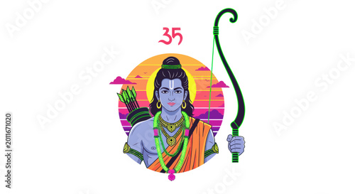 Canvastavla Lord Rama, Hindu Deity, with Bow and Arrows, Retro Sunset Background