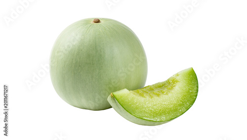 Tableau sur toile Whole pale green honeydew melon with a slice, isolated on transparent background