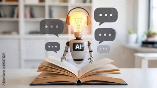 Robot with lightbulb head and headphones interacts with speech bubbles above an open book on a table in a modern indoor setting