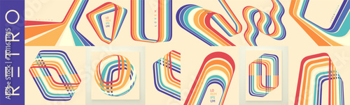 A retro style background. Wavy lines in perspective. Curved ribbons. Folding effect. Rectangular figure. Vector for brochure, poster, cover, card, presentation, flyer or banner.