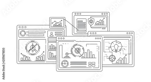 Business Intelligence Dashboard and Data Analytics Interface Minimalist Line Art Illustration