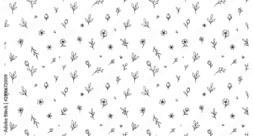 Obraz premium Minimal seamless floral pattern with small hand drawn flowers black and white light vector repeat background