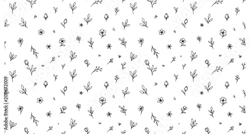 Minimal seamless floral pattern with small hand drawn flowers black and white light vector repeat background