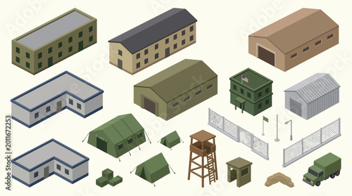 Foto Isometric Military Base Vector Set, Army Barracks, Hangar, and Outpost Infrastructure Elements