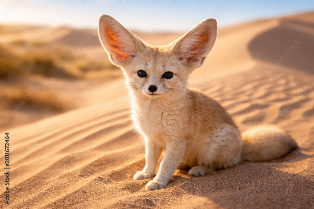 Fototapeta premium Fennec fox sitting gracefully on warm desert sand