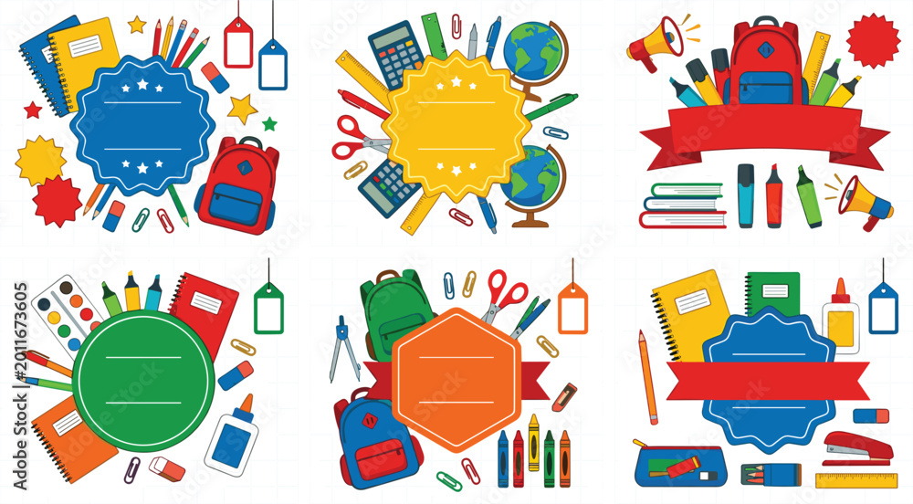Naklejka premium Back to School Badge and Banner Set with Colorful Starburst Frames, School Supplies, Backpack, and Education Elements for Academic Designs