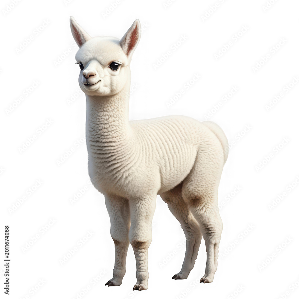 Fototapeta premium Cute standing alpaca with soft wool in natural pose isolated on transparent background png file