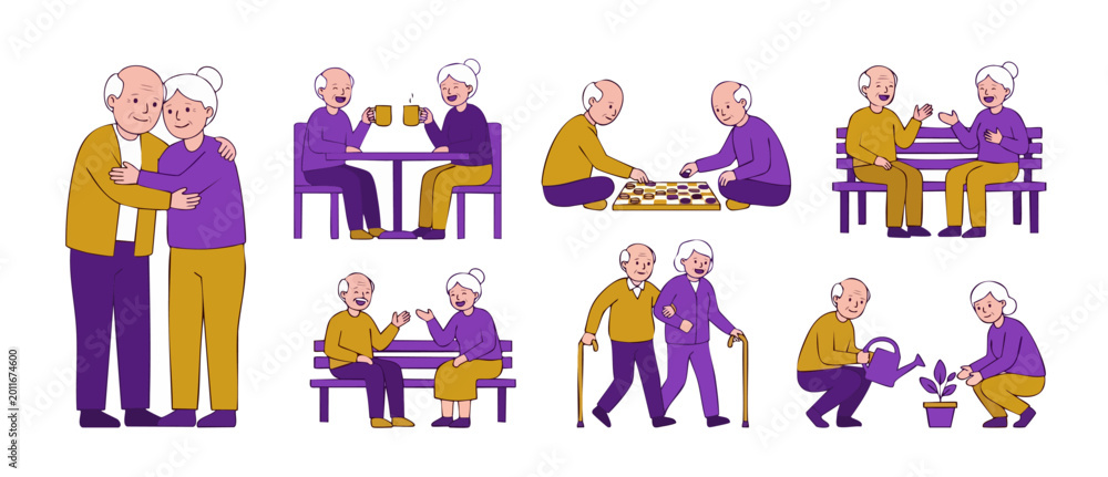 Obraz premium Elderly Couple Activities Set Illustration, Senior People Daily Life Routine, Happy Retired Grandparents Hugging, Talking, Gardening and Playing Games, Flat Vector Character Collection for Caregiving