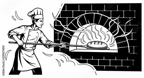 Baker Putting Fresh Bread into a Brick Oven Illustration