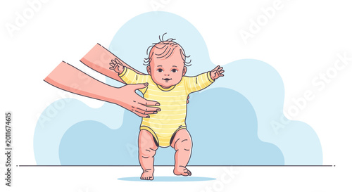 Baby Taking First Steps Assisted by Parent Hand