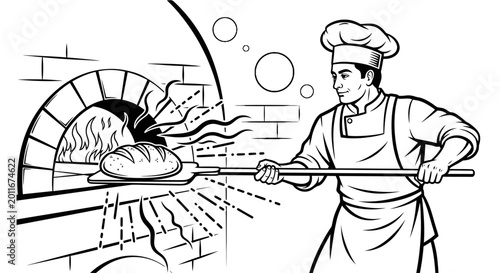 Baker Putting Fresh Bread into Wood Fired Oven Line Art