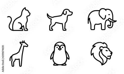 Photography Minimalist Animal Icons Set, Simple Outline Vector Graphics for Pets, Wildlife,