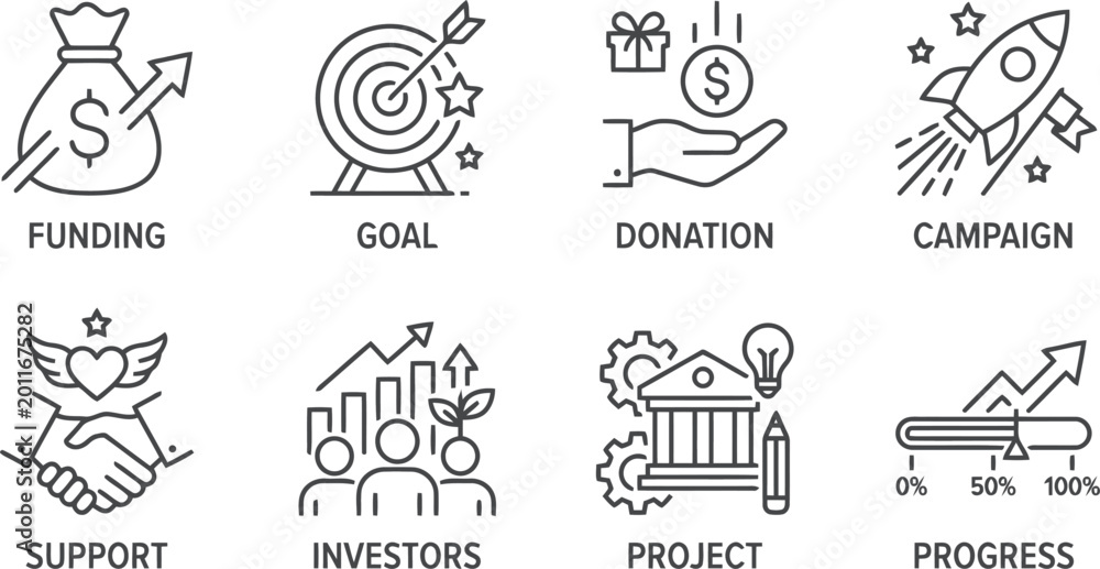 Obraz premium Outline Business Icons: Funding, Goal, Donation, Campaign, Support, Investors, Project, Progress